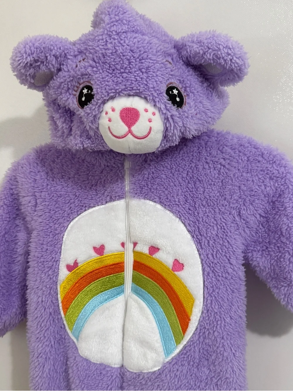 Purple Plush Bear Footed One-Piece with Rainbow Appliqué - Kids Fuzzy